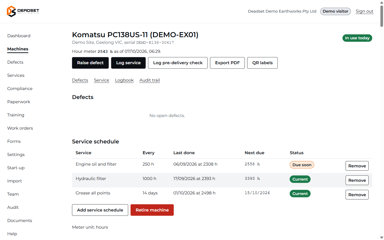 A machine record in Deadset: hour meter, defects, and a service schedule with due-soon and current statuses.